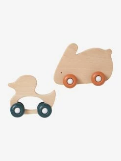 Promo 👏 Set of 2 Wooden Animals on Silicone Wheels - orange dark solid, Toys ✔️