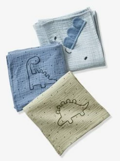 Flash Sale 👏 Set of 3 Cotton Gauze Muslin Squares, Little Dino - blue dark all over printed, Toys 🤩
