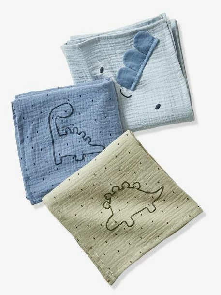 Flash Sale 👏 Set of 3 Cotton Gauze Muslin Squares, Little Dino - blue dark all over printed, Toys 🤩